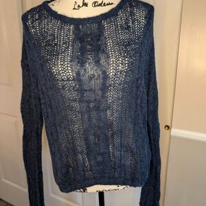 NWT Free People Blue Crew Neck Sweater with Open-Knit Texture